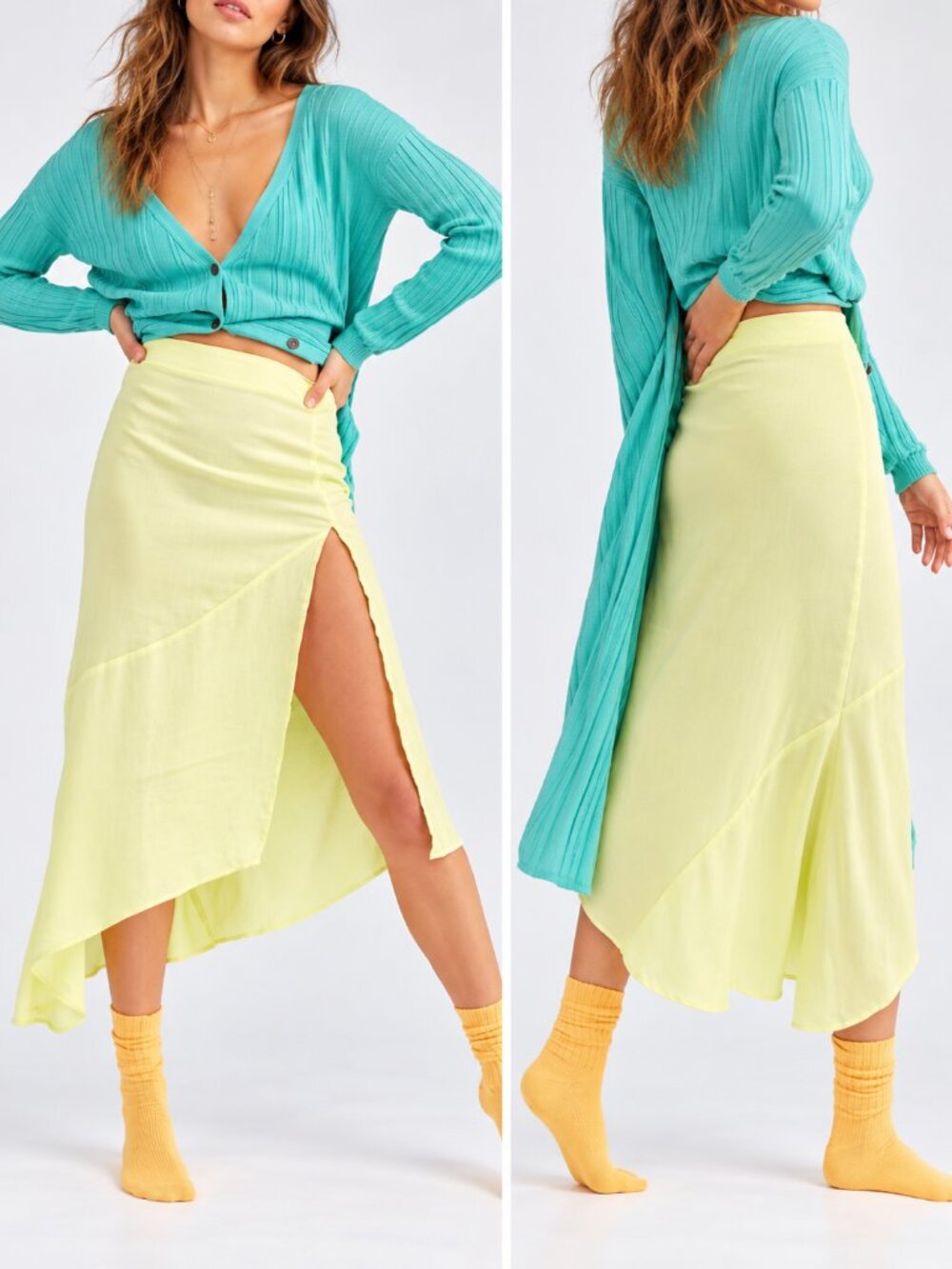 Free People Lola Lemon Satin Asymmetrical High Slit Midi Skirt Size 4 NWOT